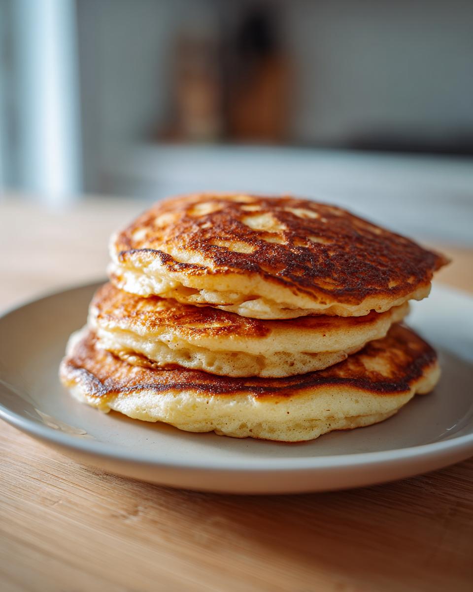 A stack of three perfectly golden-brown vegan sourdough discard pancakes on a light plate.