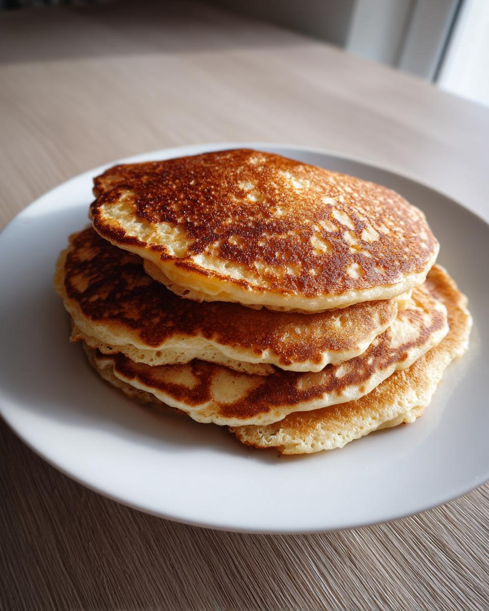 A stack of four golden-brown vegan sourdough discard pancakes served on a white plate.