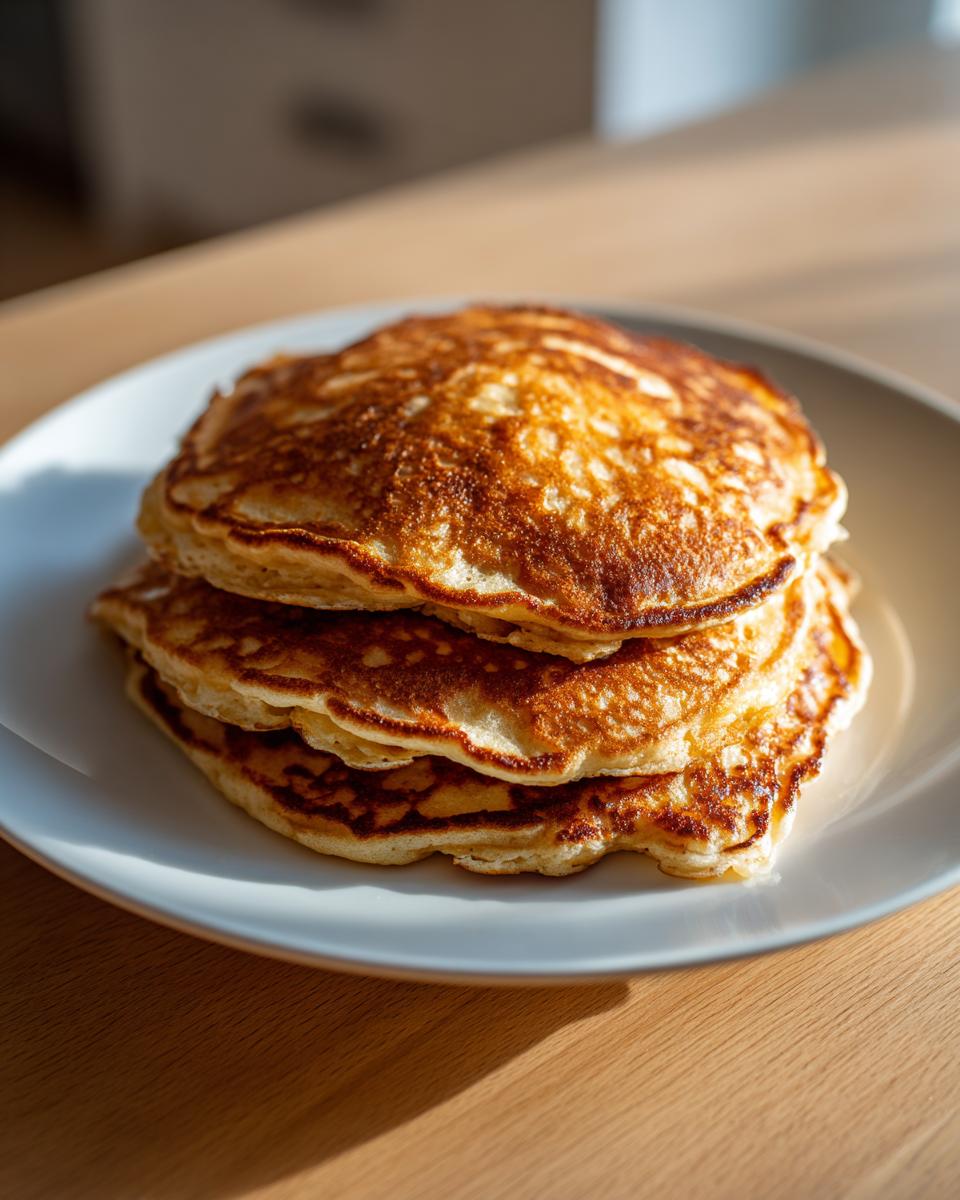 A stack of three golden-brown vegan sourdough discard pancakes served on a white plate.
