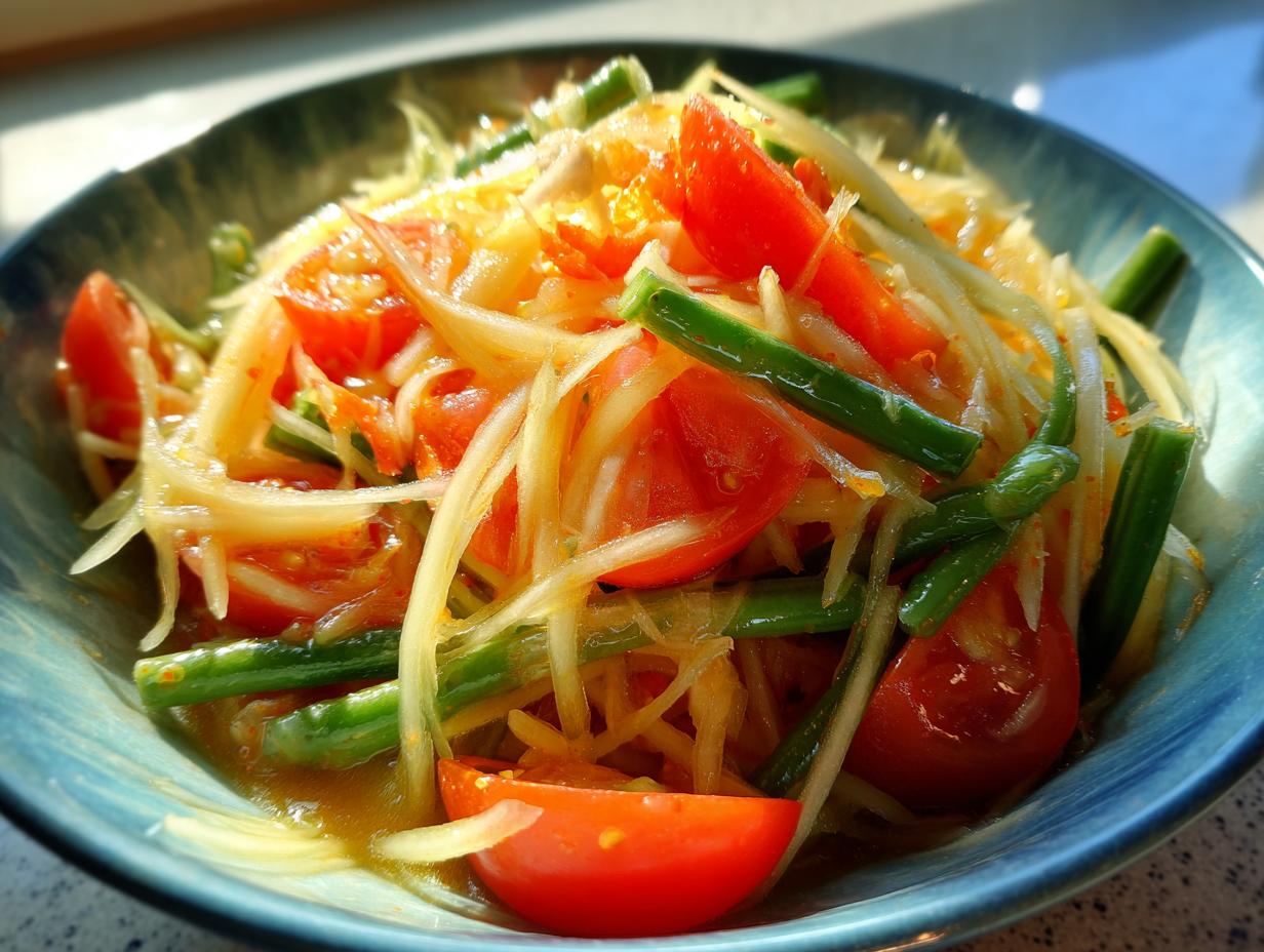 Close-up of a vibrant bowl of green papaya salad featuring shredded papaya, bright red tomatoes, and green beans.