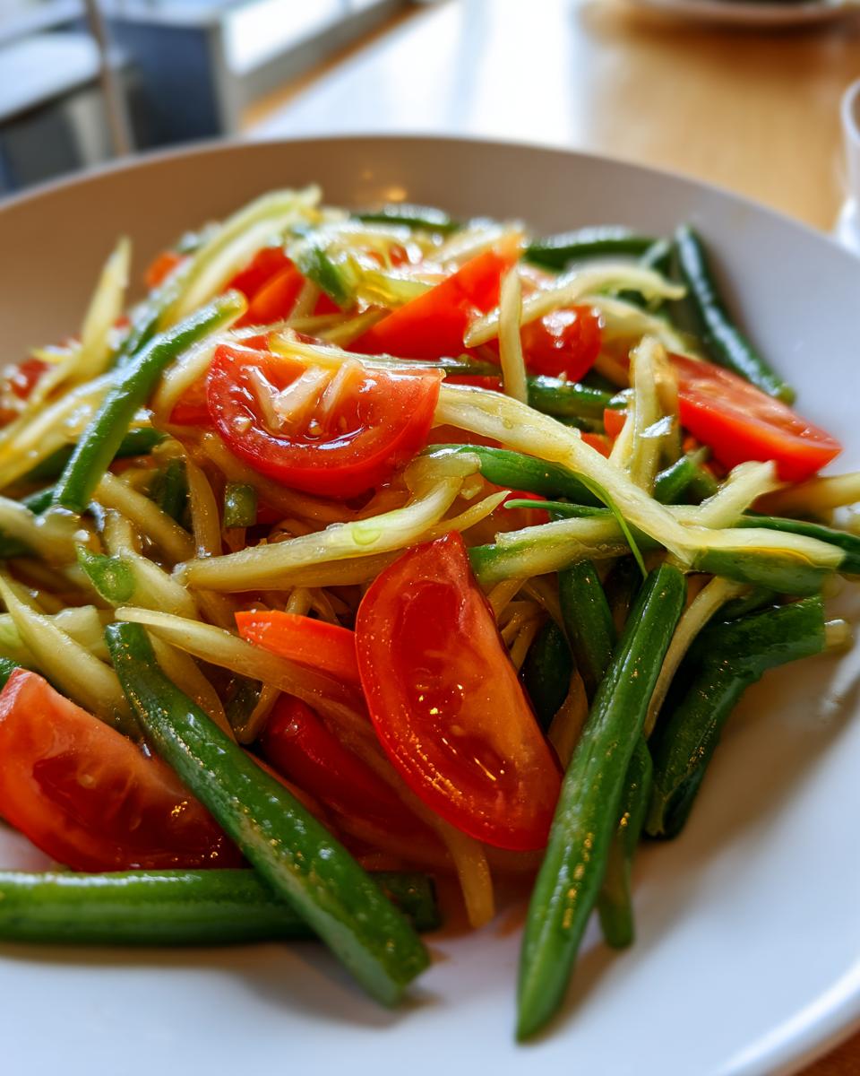 Close-up of a white bowl filled with fresh green papaya salad, featuring shredded green papaya, bright red tomato wedges, and green beans.