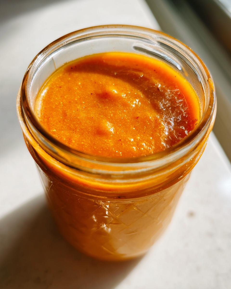 Close-up of bright orange papaya salad dressing blended smooth inside a clear mason jar.