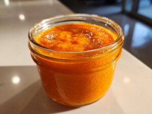 A close-up of bright orange papaya salad dressing blended smooth and stored in a small glass jar.