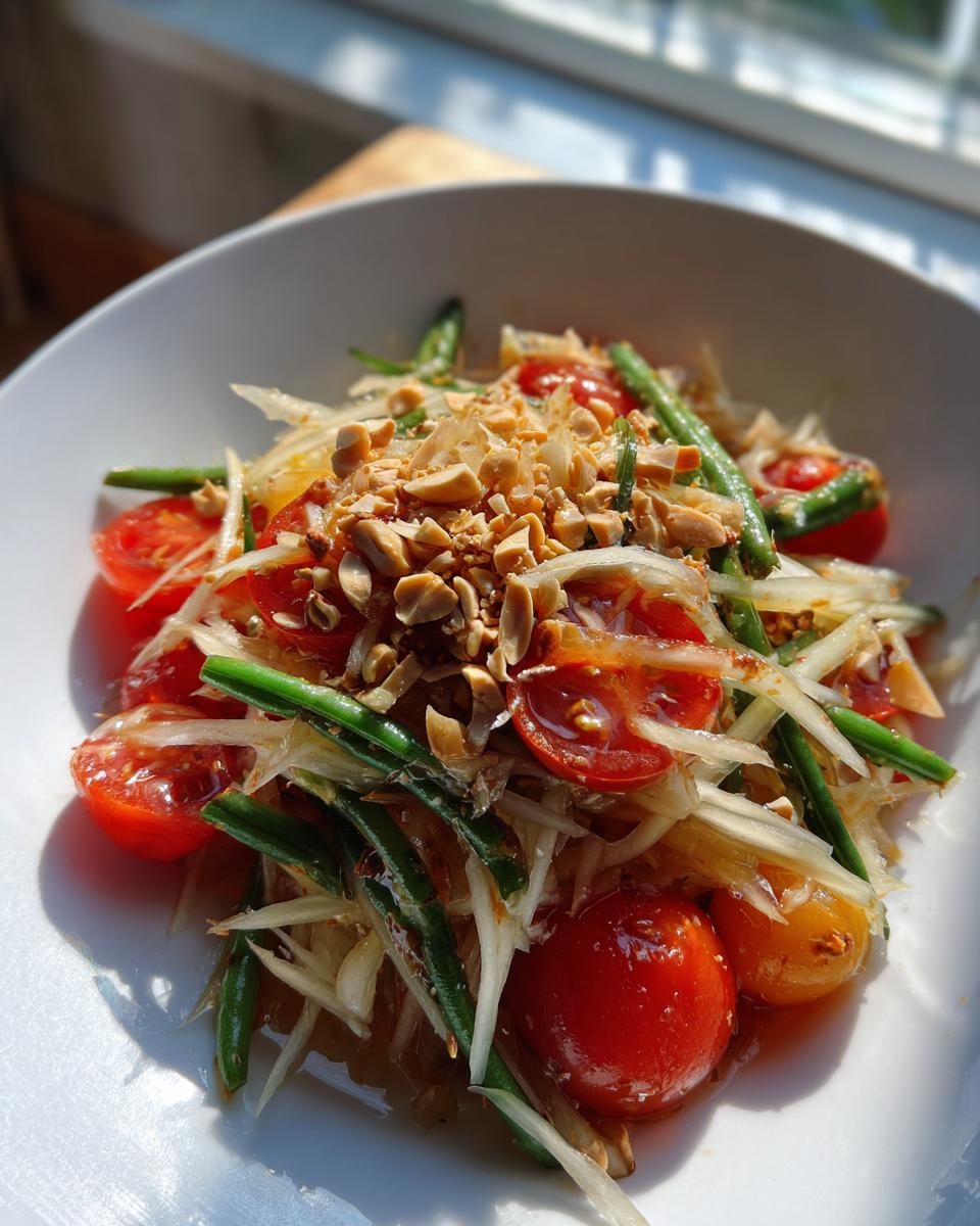 Close-up of a vibrant papaya salad topped with crushed peanuts, cherry tomatoes, and green beans.