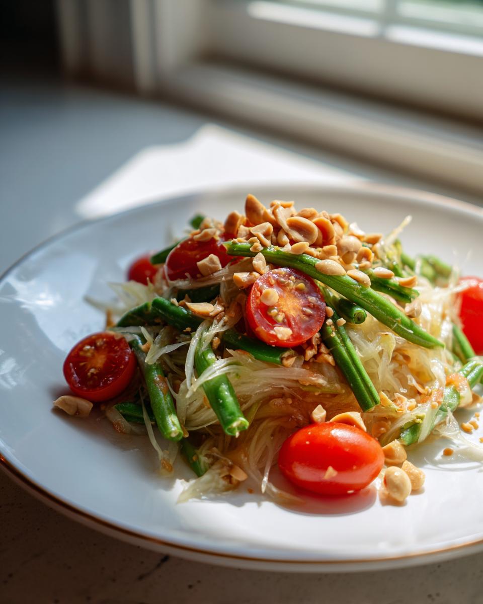 Close-up of a fresh papaya salad topped with peanuts, green beans, and halved cherry tomatoes, served on a white plate.