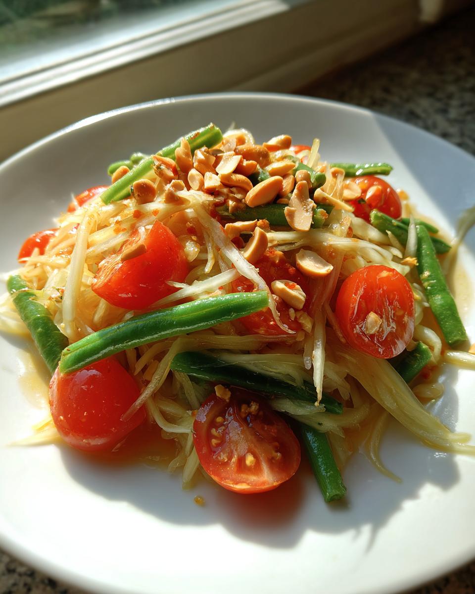 Close-up of vibrant papaya salad featuring shredded green papaya, cherry tomatoes, green beans, and crushed peanuts.