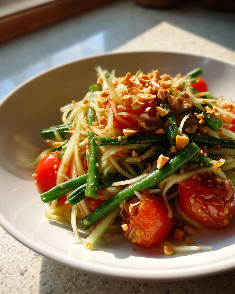 Close-up of a vibrant papaya salad featuring shredded green papaya, green beans, cherry tomatoes, and crushed peanuts.