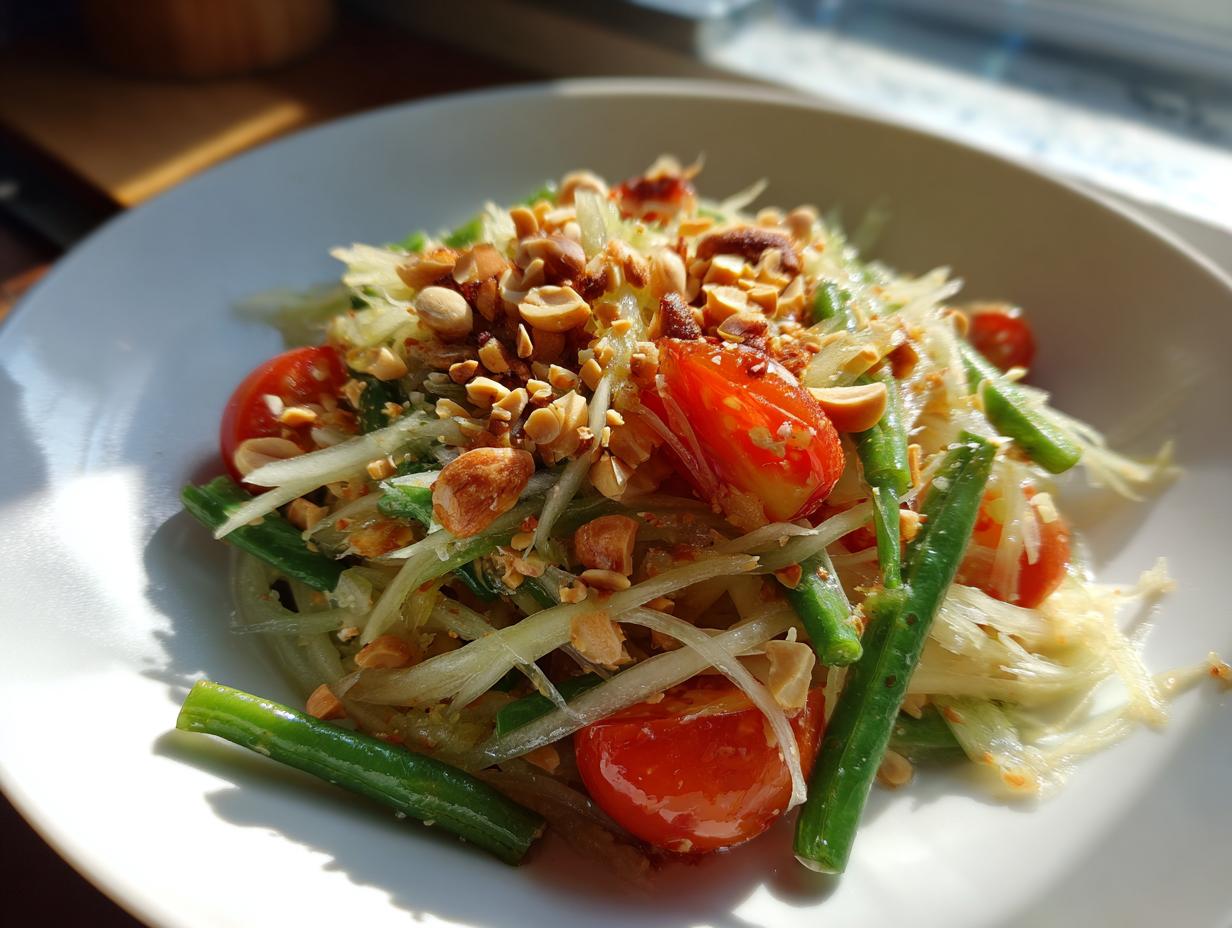 Close-up of a vibrant papaya salad topped with crushed peanuts, cherry tomatoes, and green beans.