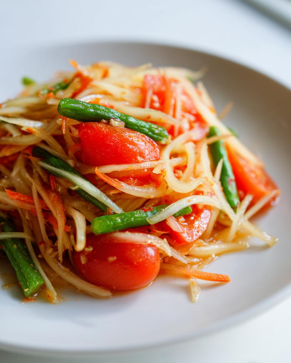 A close-up, vibrant serving of raw papaya salad featuring shredded green papaya, cherry tomatoes, and green beans.