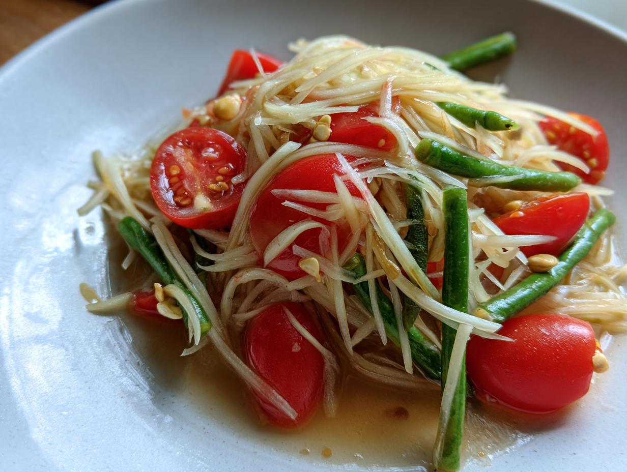 Close-up of a refreshing raw papaya salad featuring shredded green papaya, bright red cherry tomatoes, and green beans.