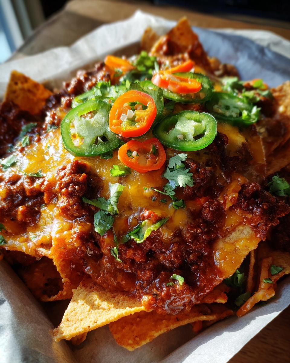 Close-up of a serving of walking frito pie featuring chili, melted cheese, and sliced jalapeños.