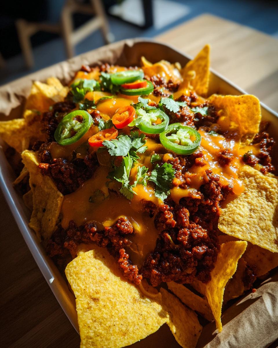 A close-up of walking frito pie ingredients layered with chili, melted cheese, fresh cilantro, and sliced jalapeños.