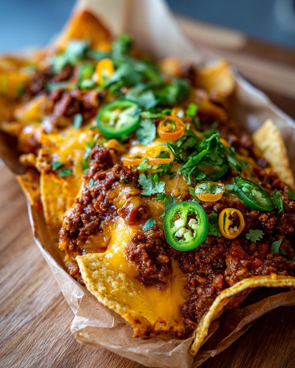 Close-up of a delicious walking frito pie served in its bag, topped with rich chili, melted cheese, cilantro, and sliced jalapeños.