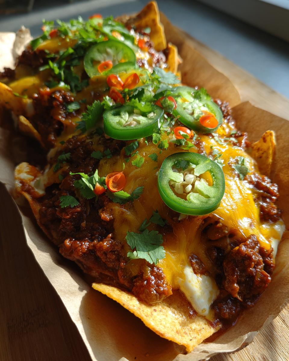 Close-up of a delicious walking frito pie loaded with chili, melted cheddar cheese, fresh cilantro, and sliced jalapeños.