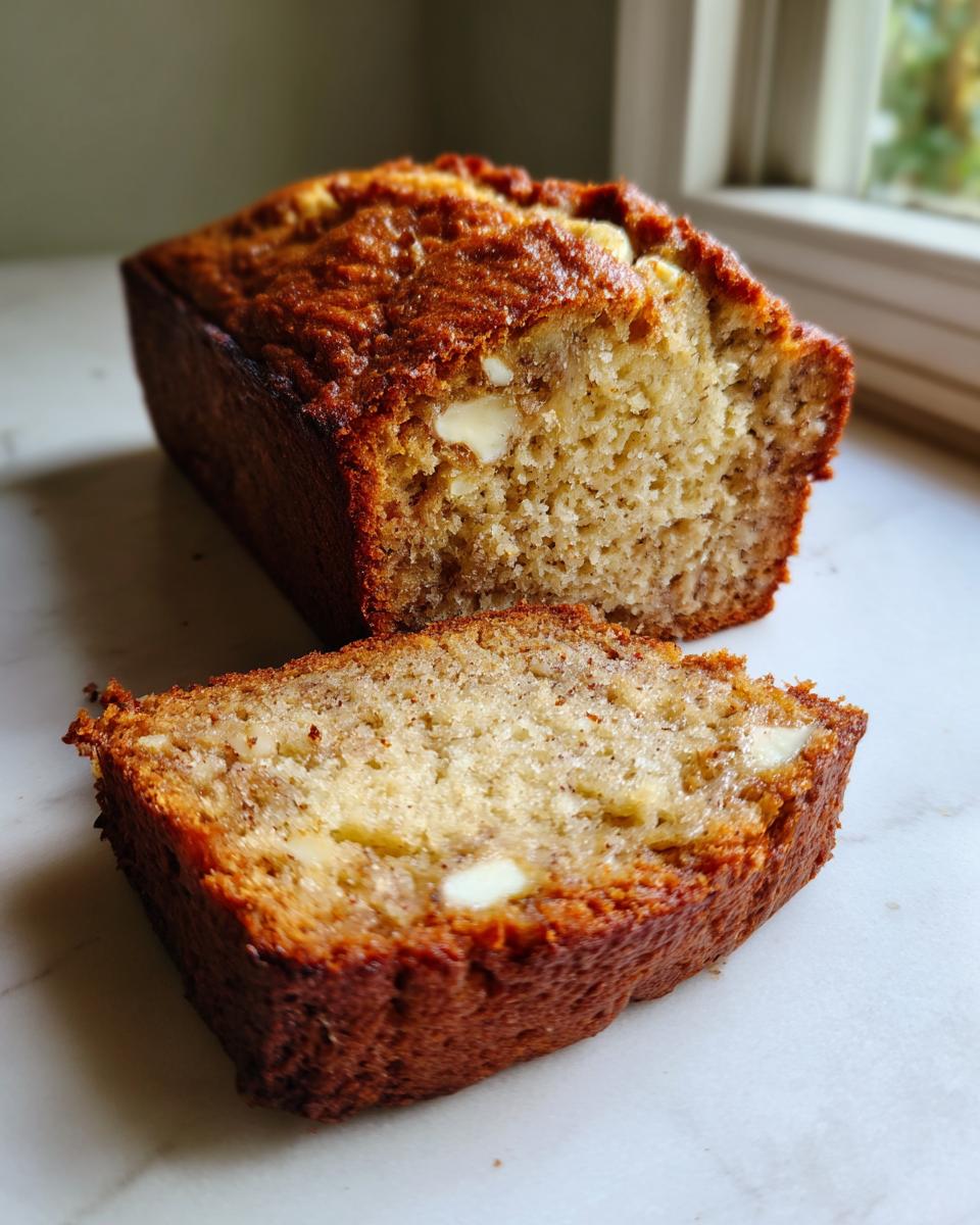 A loaf of moist white chocolate banana bread, with one slice cut and resting in front.