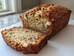 A close-up of a freshly baked white chocolate banana bread loaf with one slice cut, showing the moist interior and melted white chocolate chunks.