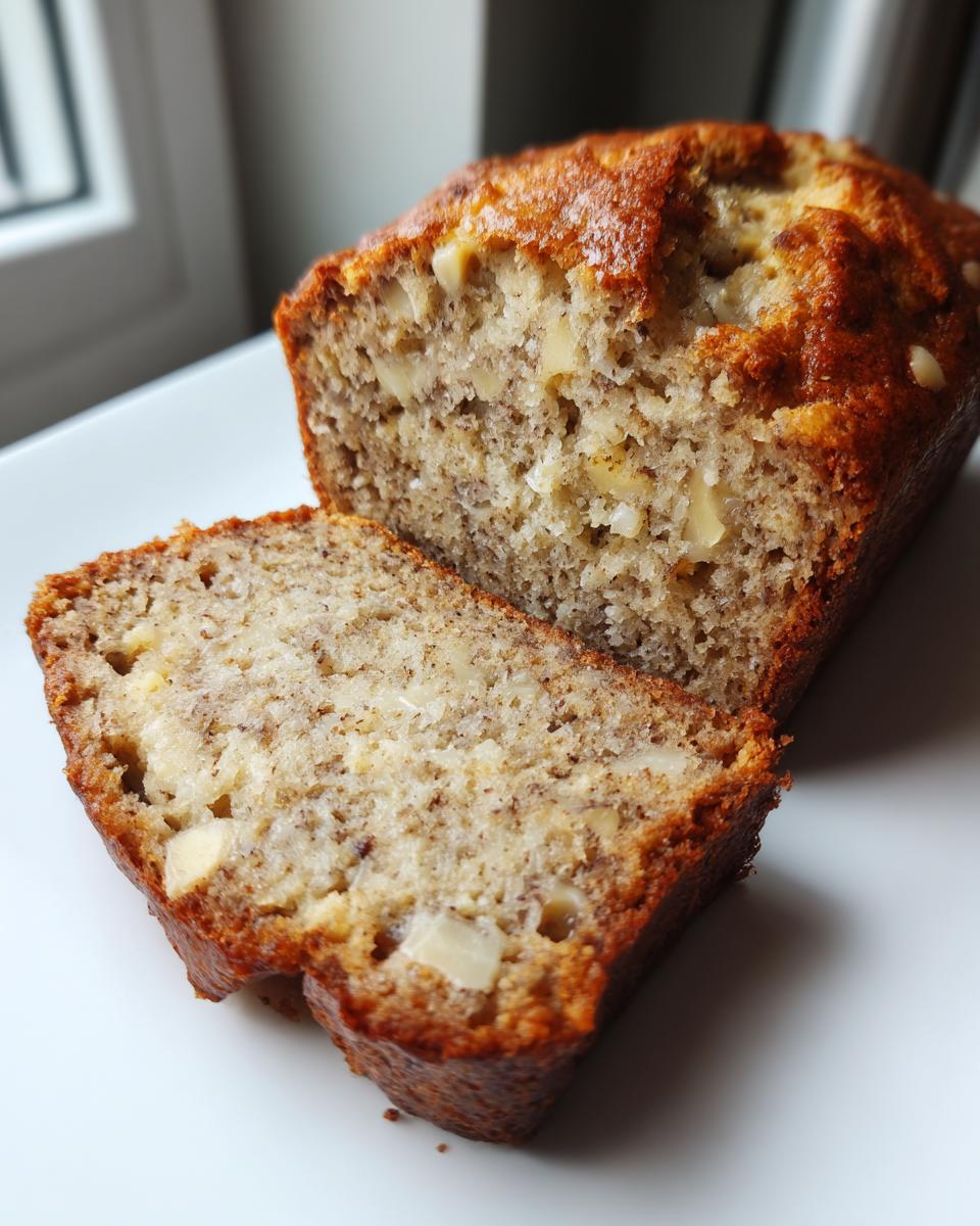 Close-up of a sliced loaf of moist white chocolate banana bread showing the texture and white chocolate chunks.