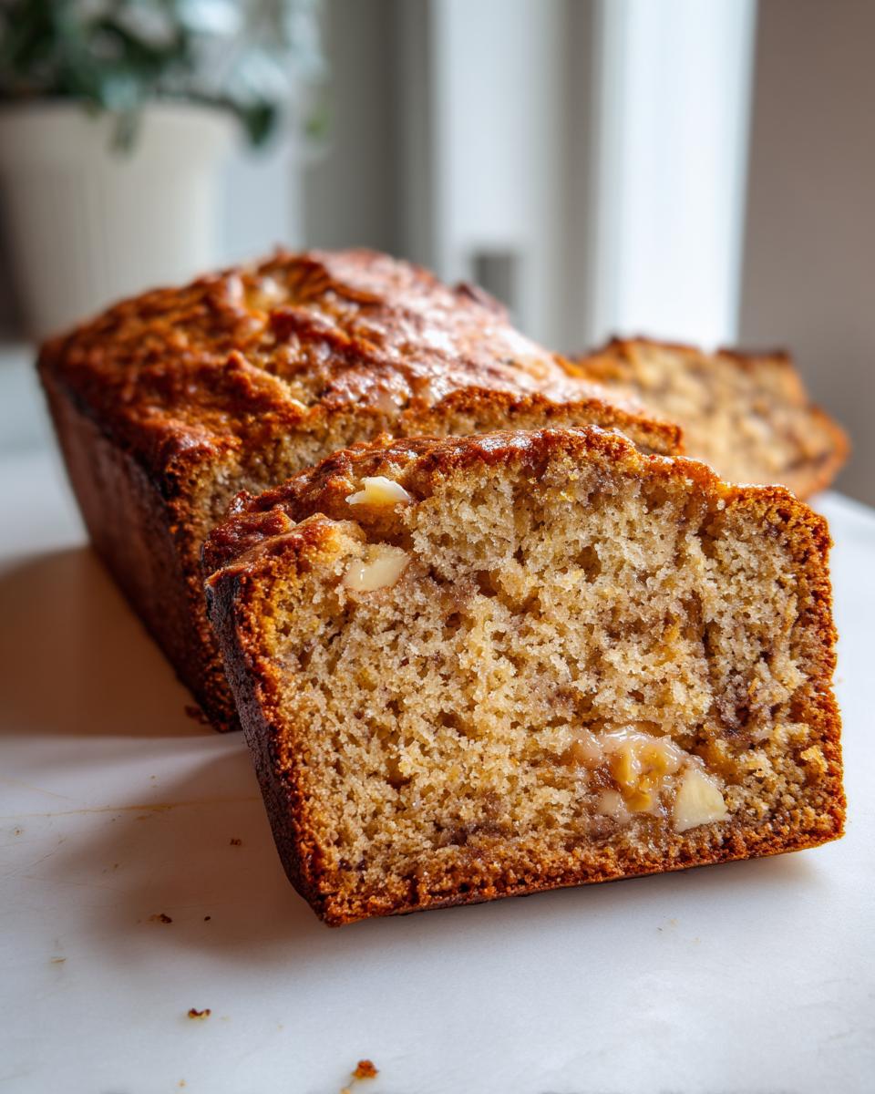 Close-up of a thick slice of moist white chocolate banana bread showing the crumb and melted white chocolate chunks.