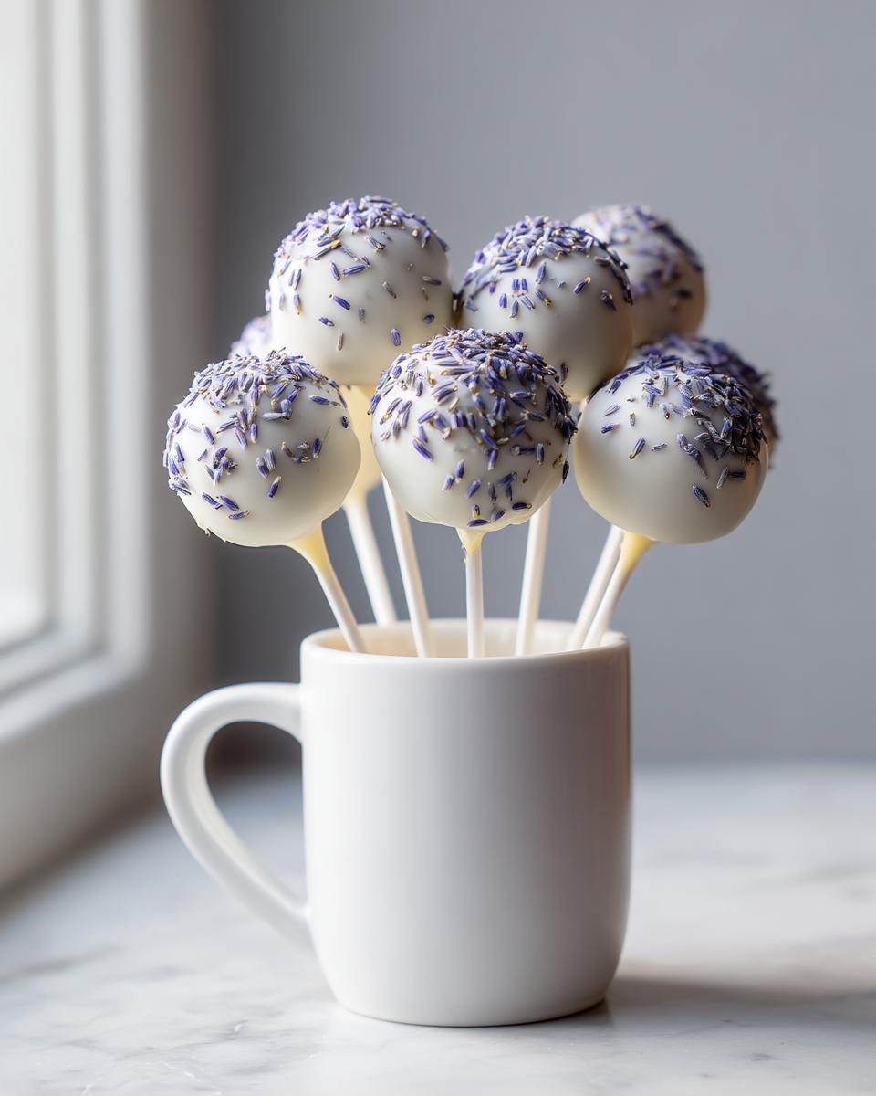 A bouquet of white chocolate lavender cake pops topped with purple sprinkles, displayed in a white mug.