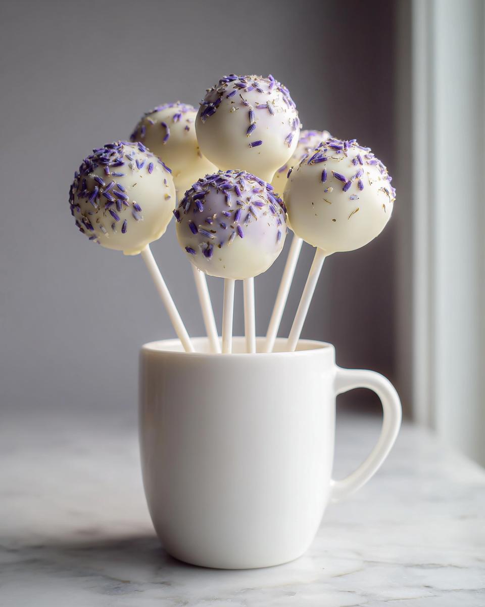 Several white chocolate lavender cake pops decorated with purple sprinkles standing upright in a white mug.