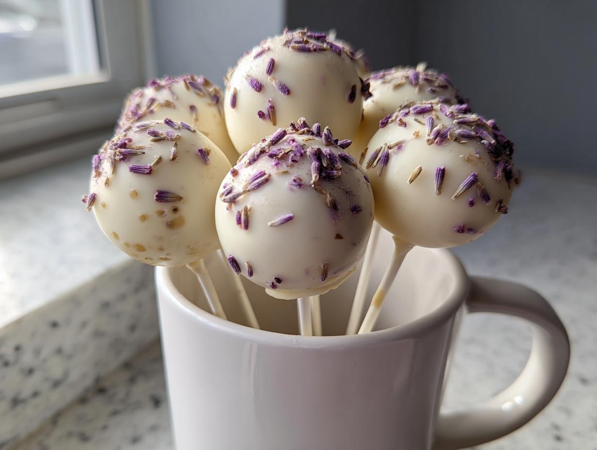 Several white chocolate lavender cake pops topped with dried lavender buds, displayed upright in a white mug.