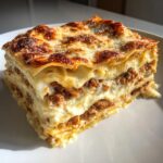 A perfectly baked, thick slice of 6-layer lasagna without ricotta showing layers of pasta, meat sauce, and creamy white sauce.