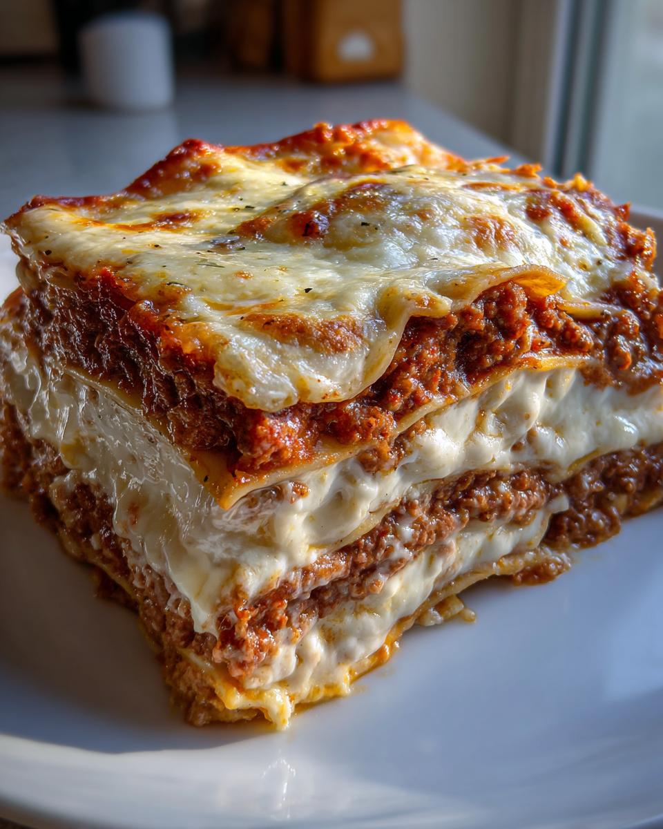 A close-up of a thick slice of 6-layer lasagna without ricotta, showing layers of meat sauce and white cheese.