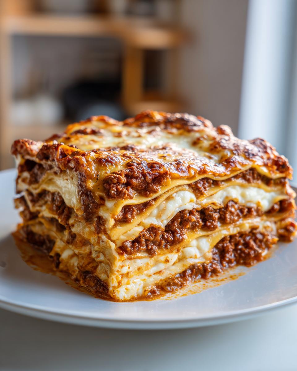 A tall, perfectly layered slice of 6-layer lasagna without ricotta, featuring rich meat sauce and melted cheese.