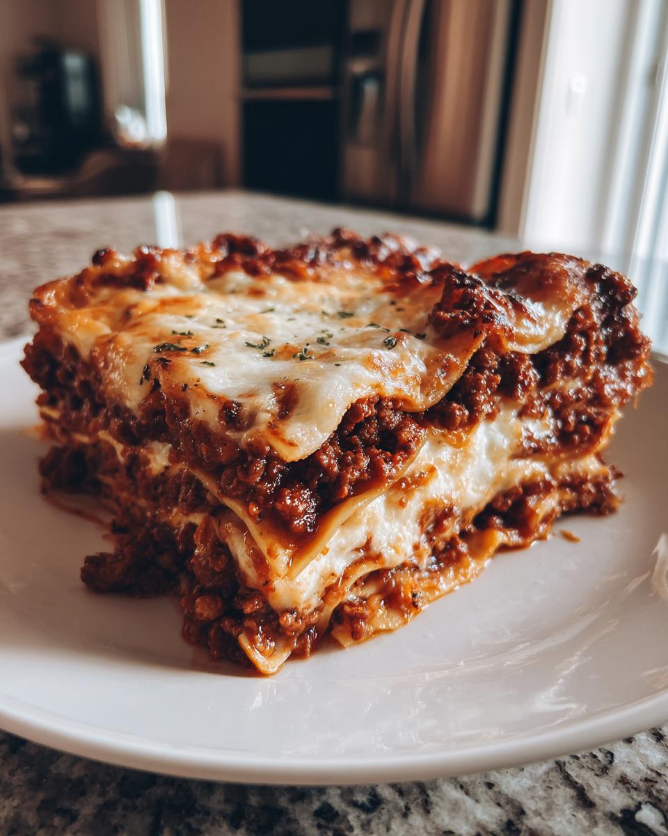 A thick, satisfying slice of 6-layer lasagna without ricotta, featuring rich meat sauce and melted cheese.