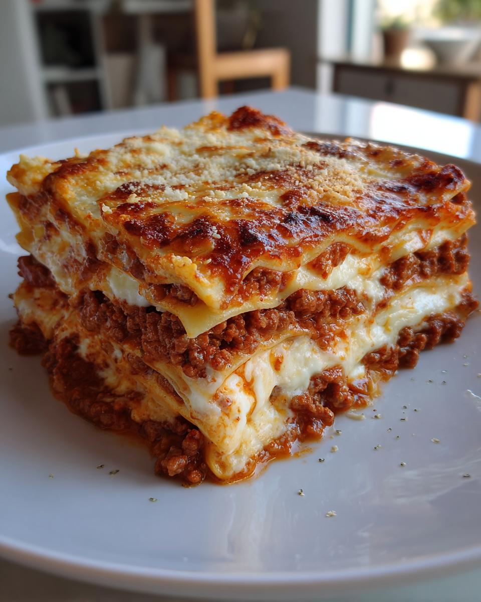 A generous, tall slice of 6-layer lasagna without ricotta showing layers of pasta, meat sauce, and white cheese filling.