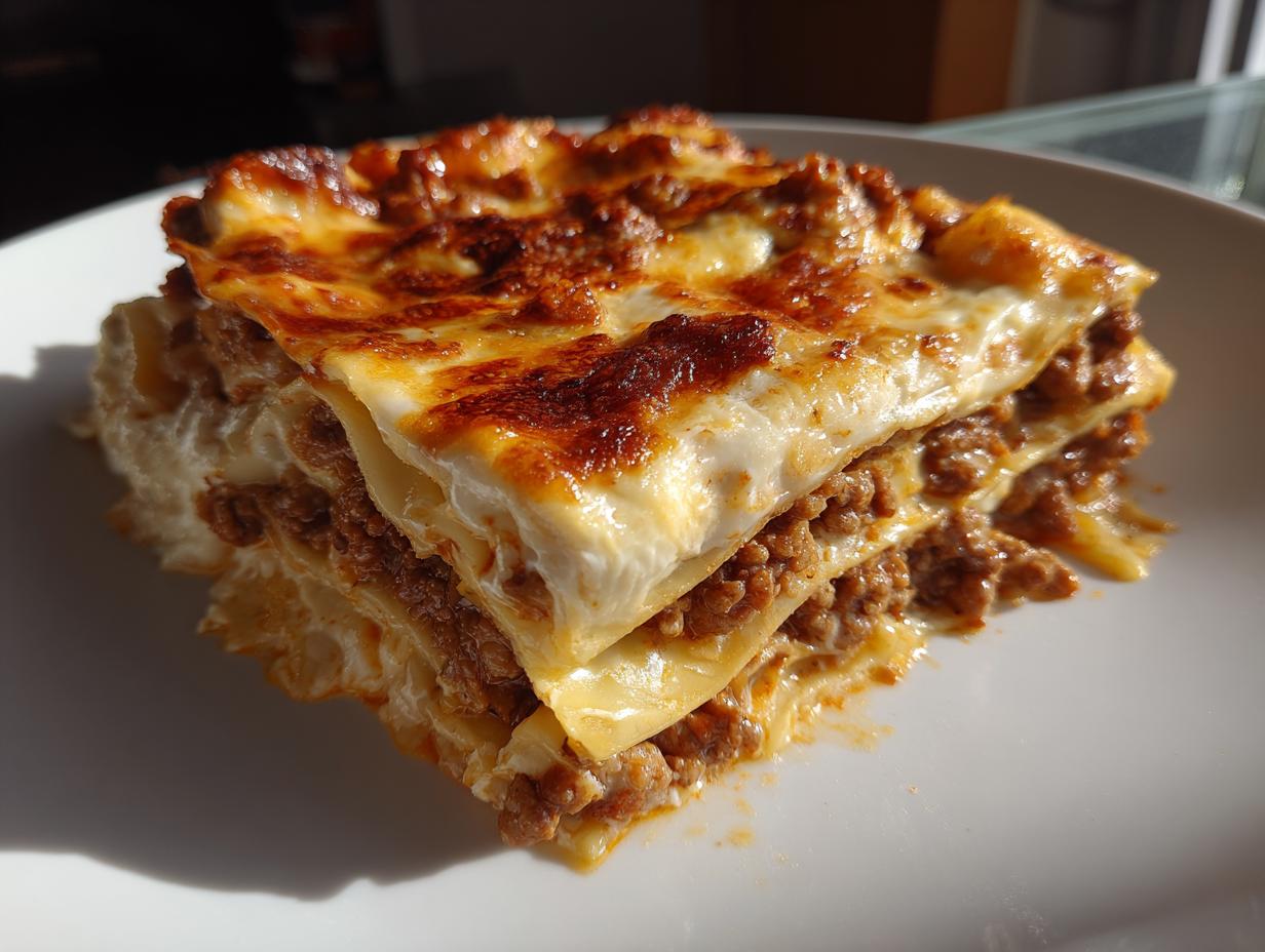 A close-up of a thick, golden-brown slice of 6-layer lasagna without ricotta, showing layers of pasta, meat sauce, and creamy white sauce.