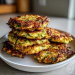A tall stack of golden-brown, crispy air fryer zucchini fritters piled on a light-colored plate.