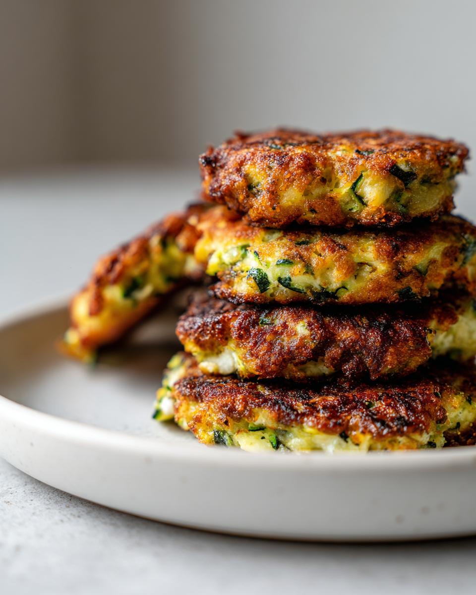 A stack of four golden-brown, crispy air fryer zucchini fritters with visible green zucchini pieces.