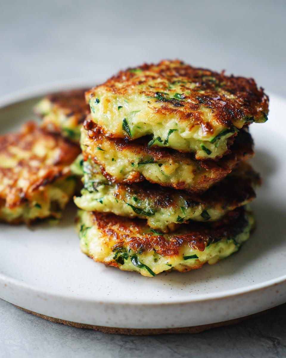 A close-up stack of five golden brown air fryer zucchini fritters on a light speckled plate.