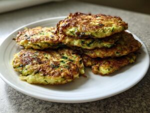 A stack of golden brown, crispy air fryer zucchini fritters piled high on a white plate.
