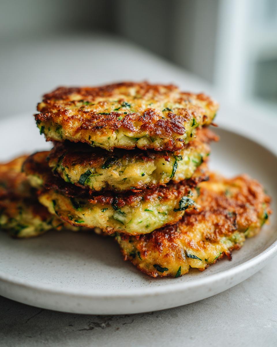 A stack of four golden-brown air fryer zucchini fritters with visible green shreds of zucchini on a light grey plate.