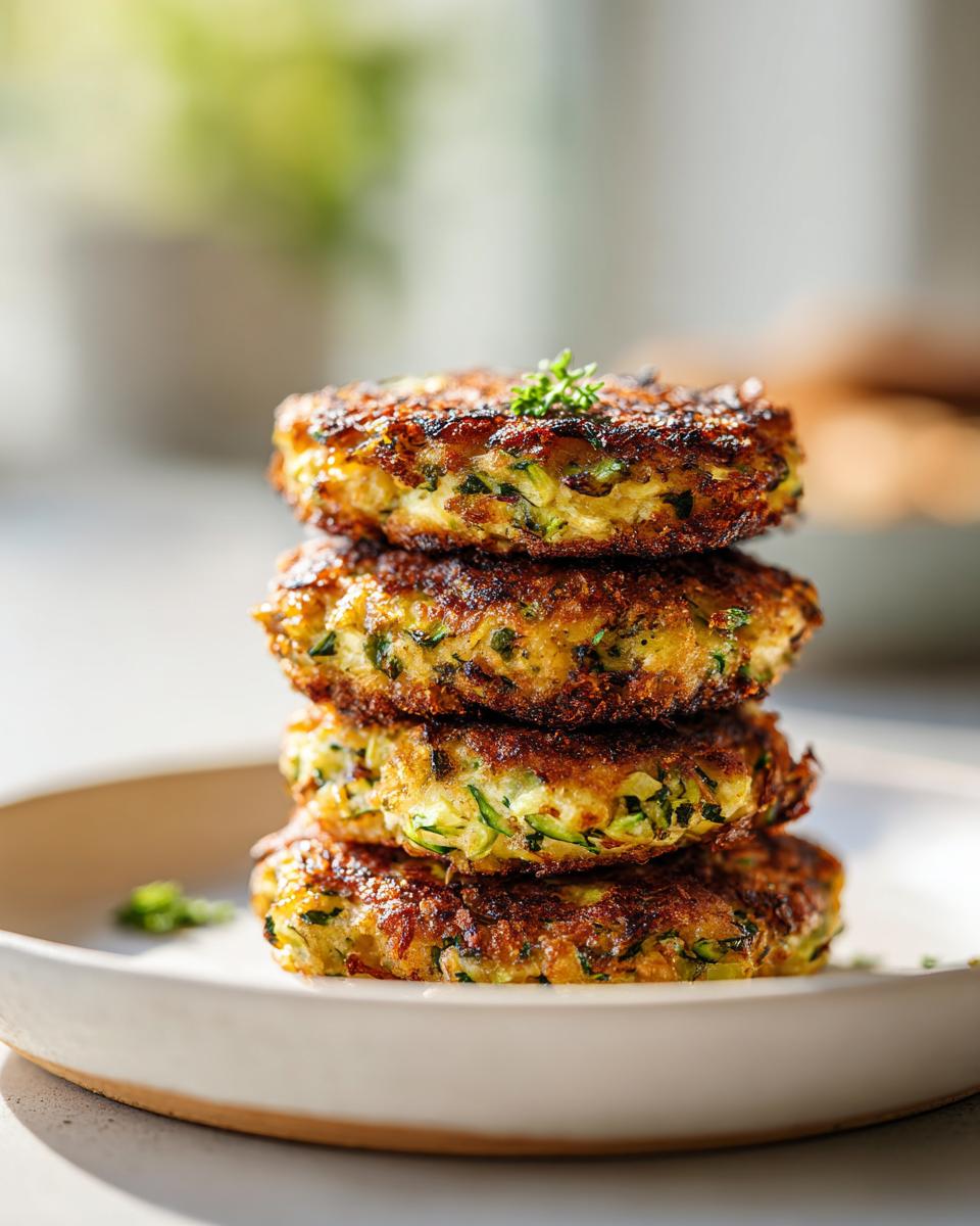 A stack of four golden-brown, crispy air fryer zucchini patties garnished with a tiny sprig of herb.