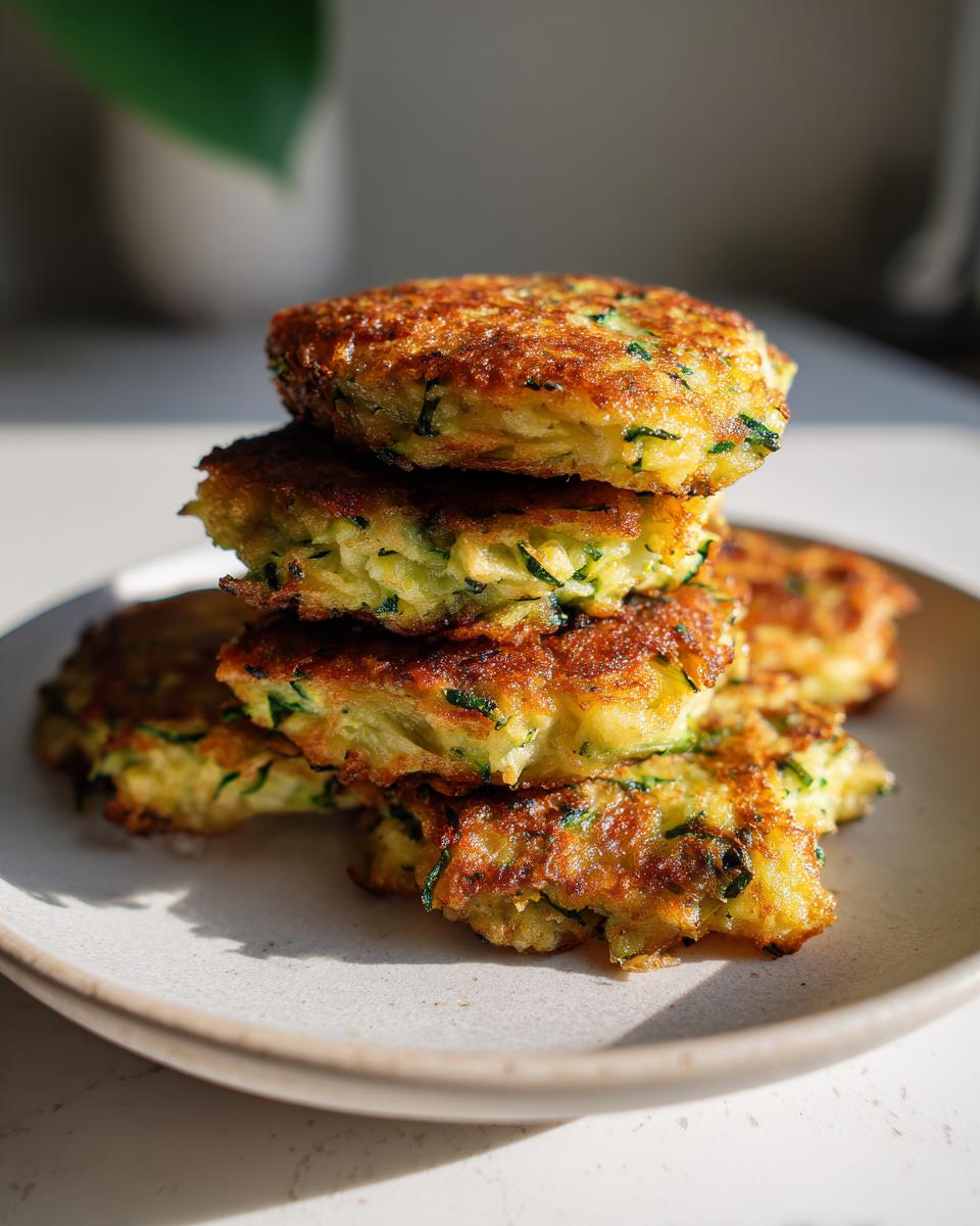 A stack of golden brown, crispy air fryer zucchini patties with visible shreds of green zucchini.
