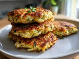 A stack of three golden-brown air fryer zucchini patties, garnished with parsley, served on a light plate.