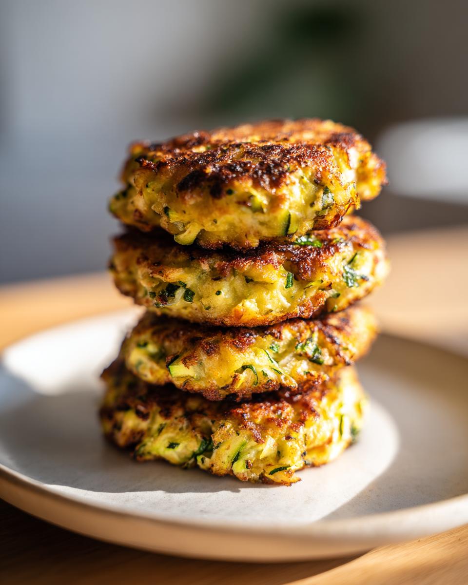 A stack of four golden-brown air fryer zucchini patties resting on a light-colored plate.