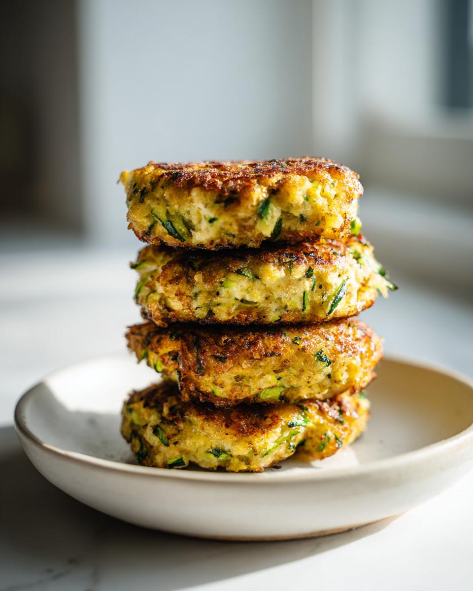 A stack of four golden-brown air fryer zucchini patties resting on a small, light-colored plate.