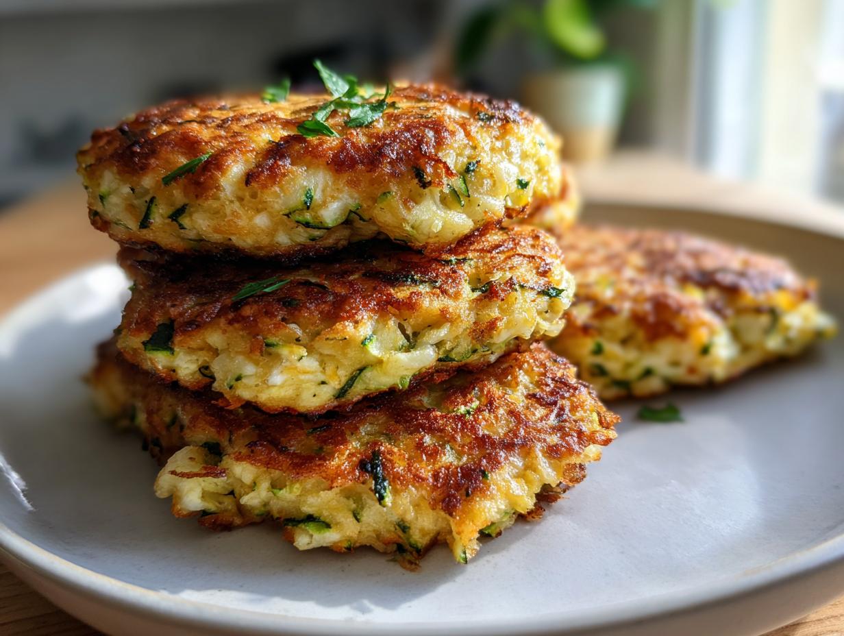 A stack of three golden-brown air fryer zucchini patties, garnished with parsley, served on a light plate.