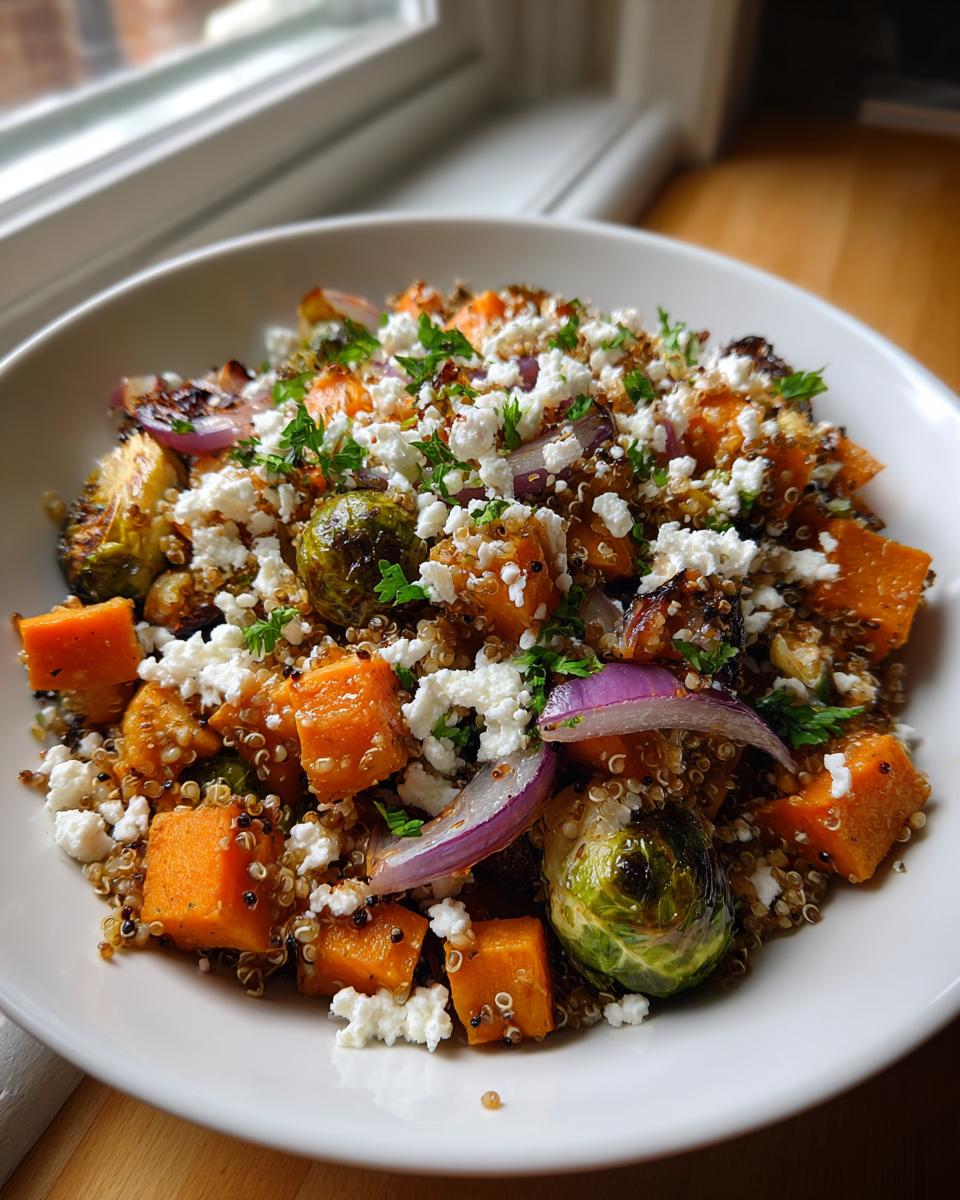 A close-up of a bowl containing roasted vegetable salad with butternut squash, Brussels sprouts, red onion, quinoa, and feta cheese.