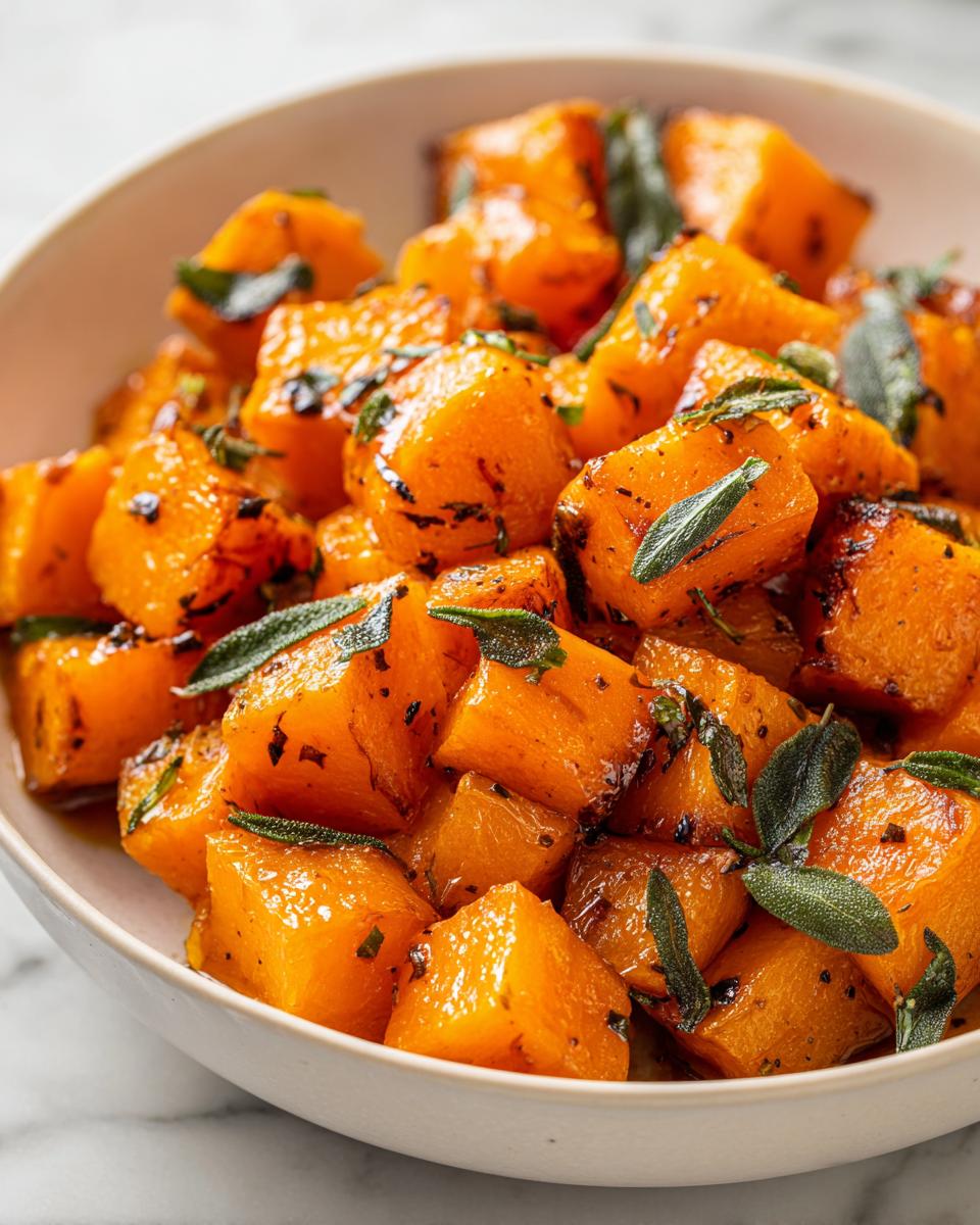 Close-up of glistening, cubed braised butternut squash tossed with fresh sage leaves in a white bowl.