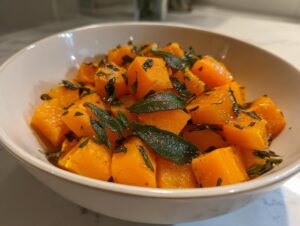 Close-up of bright orange, cubed braised butternut squash topped with crispy sage leaves in a white bowl.