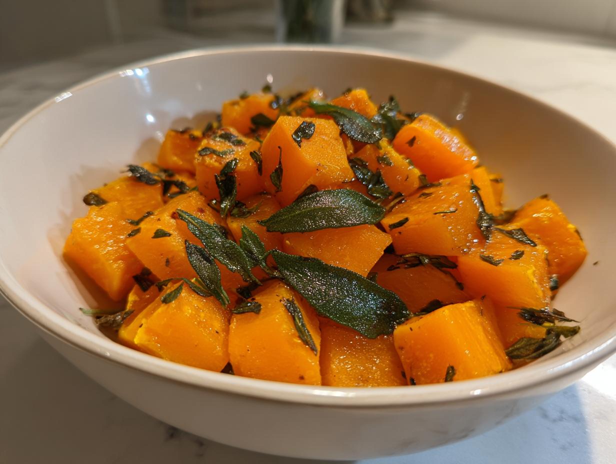Close-up of bright orange, cubed braised butternut squash topped with crispy sage leaves in a white bowl.