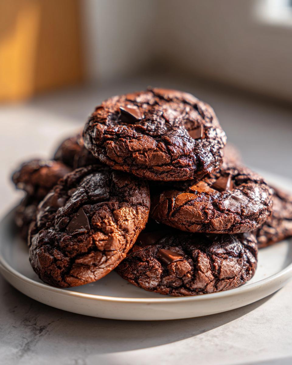 A tempting stack of fudgy brownie mix cookies piled high on a white plate, featuring cracked tops and visible chocolate chunks.