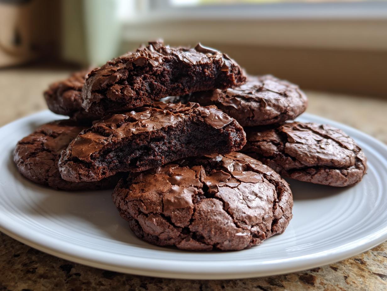 A stack of rich, fudgy brownie mix cookies with cracked tops on a white plate.