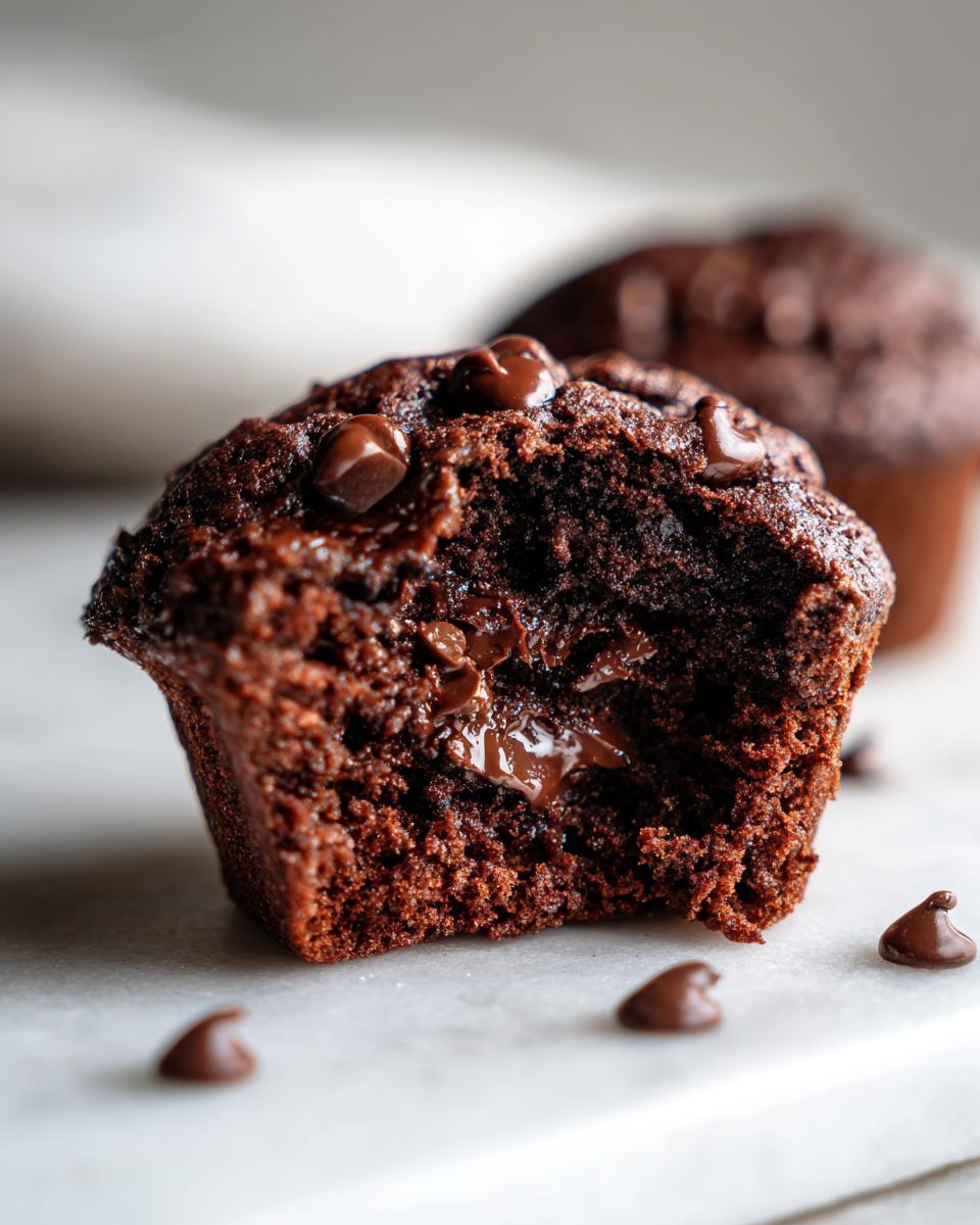 Close-up of a halved chocolate muffin showing a molten chocolate center and chocolate chips, highlighting the amazing chocolate muffins.