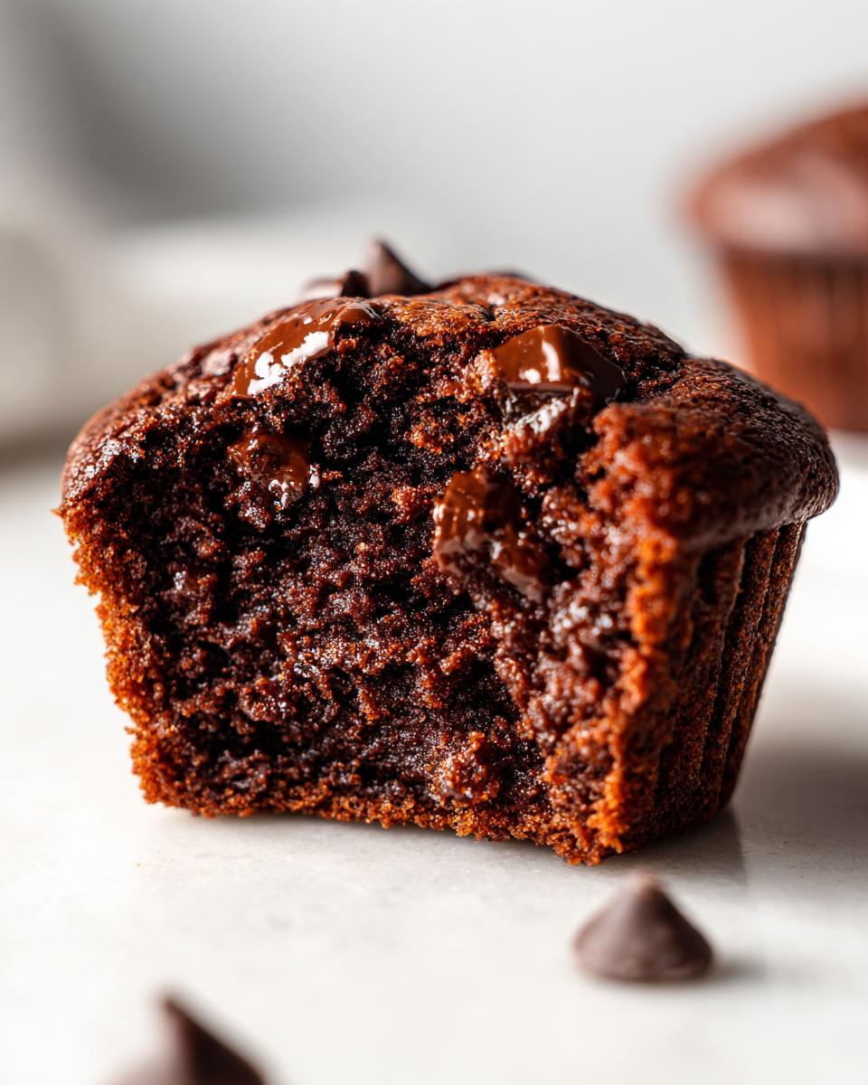 Close-up of a chocolate muffin cut in half showing its moist, dark interior and melted chocolate chips, highlighting the amazing chocolate muffins.